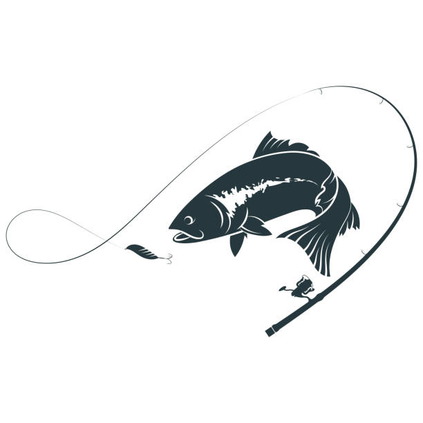 Fishing rod and fish jumping for the bait. Fishing sports and sea food Fishing rod with reel and fish. The fish is jumping for the tackle fish salmon silhouette fishing stock illustrations