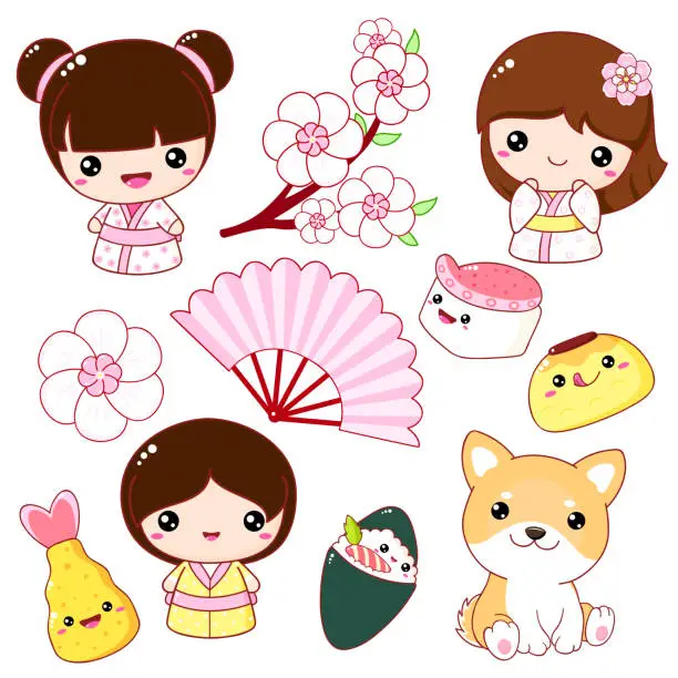Vector illustration of Set of cute icons in kawaii style. Japanese toy kokeshi doll, Akita Inu puppy, sakura flowers