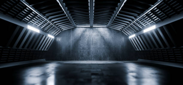 sci fi futuristico magazzino hangar astronave realistico showroom calcestruzzo asfalto cemento metallo telaio corridoio tunnel buio sotterraneo seminterrato 3d rendering - hangar foto e immagini stock