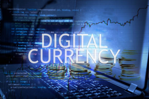 Digital currency inscription against laptop and code background. stock photo
