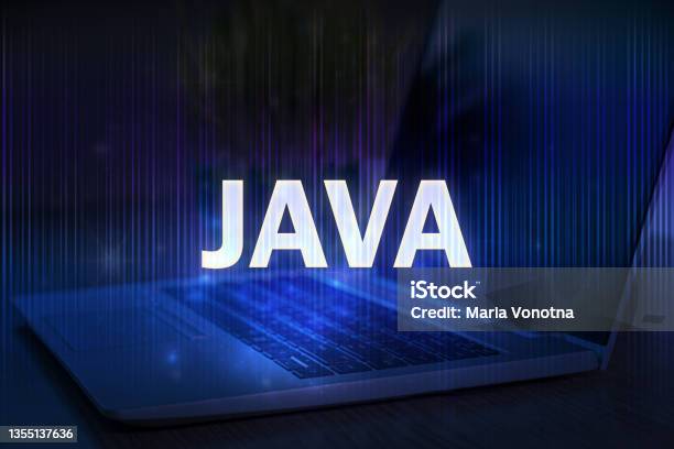 Java Text On Blue Technology Background With Laptop Stock Photo ...