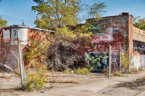 Auto Garage Urban Ruins Detroit, USA - October 20, 2019: An old garage on a street corner of Hamilton Avenue has become an urban ruin as trees and vandals have taken over the lot. detroit ruins stock pictures, royalty-free photos & images