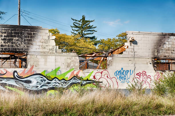 Wall Of Urban Ruins Detroit, USA - October 20, 2019: A wall of an old warehouse in the Highland Park area of Detroit has been demolished and vandalized with graffiti. detroit ruins stock pictures, royalty-free photos & images