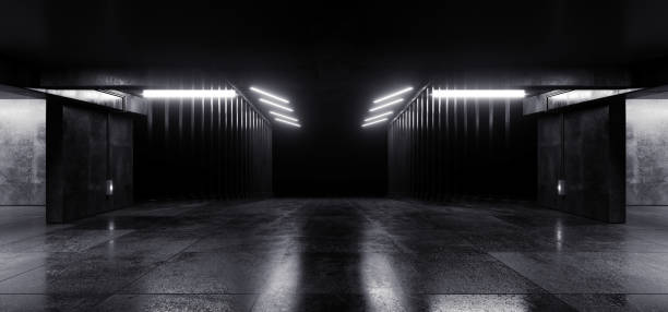 istock Dark Concrete Led White Lights Underground Tunnel Corridor Cement Asphalt Basement Hallway Warehouse Tunnel Corridor Metal Structure Realistic Empty 3D Rendering 1355139022