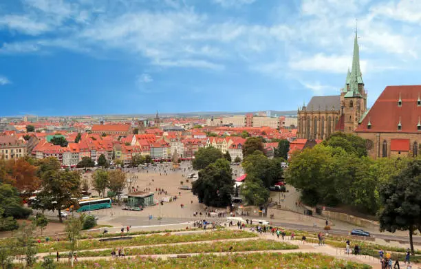 Panoramic view from Petersberg on historic Erfurt cityscape with the catherdral.