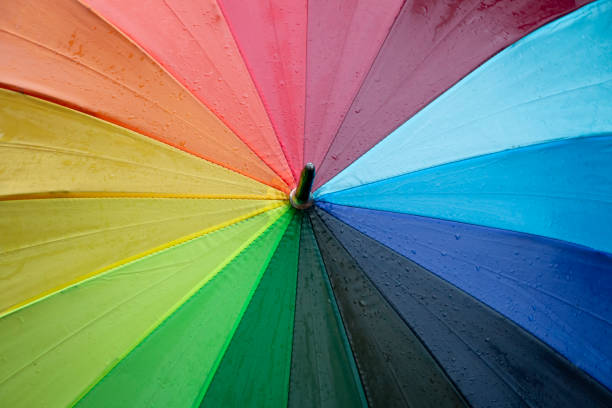 istock Rain drops falling on rainbow umbrella in the day with nature background 1355140197