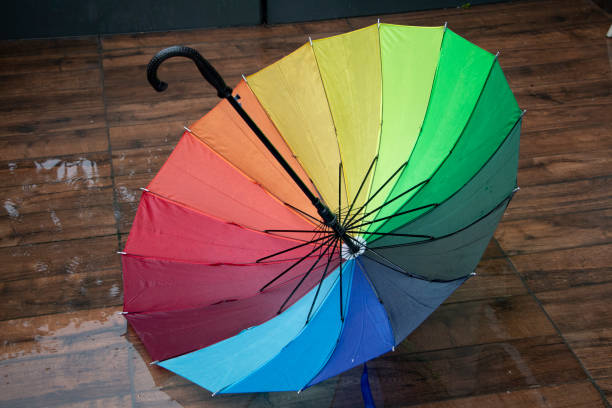 istock Rain drops falling on rainbow umbrella in the day with nature background 1355140267