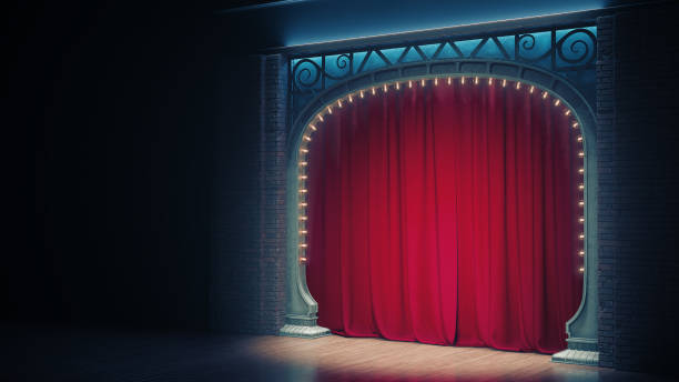 istock Dark empty cabaret or comedy club stage with red curtain and art nuovo arch. 3d render 1355142637