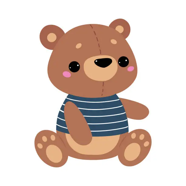 Vector illustration of Fluffy Teddy Bear in Striped Vest as Kids Toy Vector Illustration