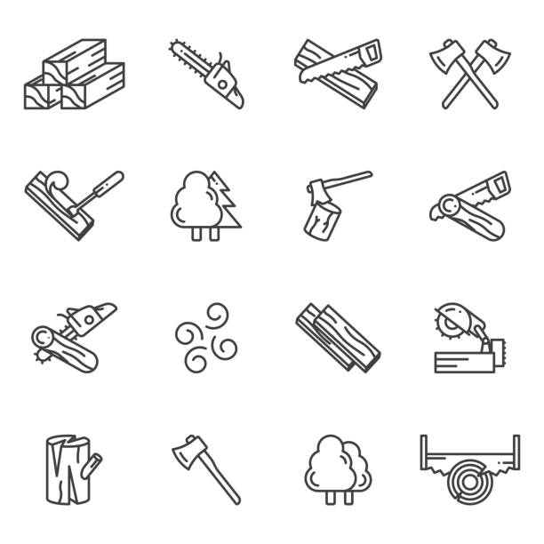ilustrações de stock, clip art, desenhos animados e ícones de a set of icons related to processing, felling and logging. simple linear images of the process of harvesting wood, cutting trees, blanks and more. isolated vector on white background. - sawdust