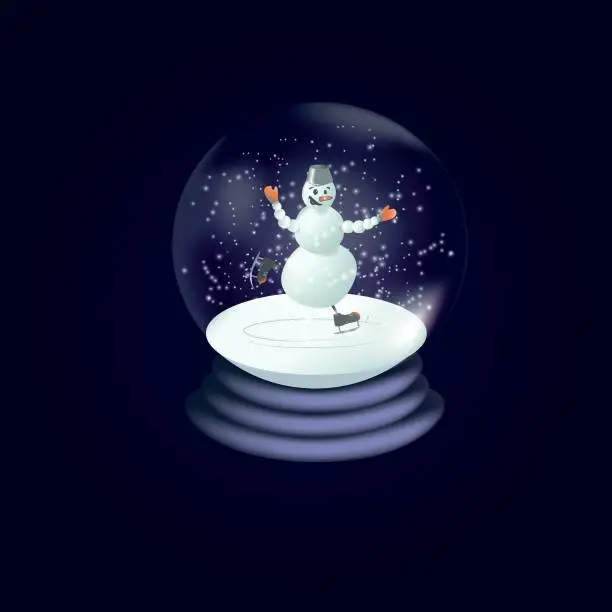 Vector illustration of Skating happy snowman in a snow globe