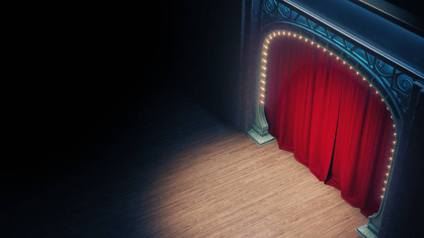 빨간 커튼과 아트 누오보 아치와 어두운 빈 카바레 또는 코미디 클럽 무대.3d 렌더링 - improv 뉴스 사진 이미지