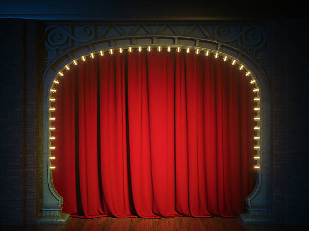 dunkle leere kabarett- oder comedy-clubbühne mit rotem vorhang und kunst-nuovo-bogen.3d render - cabaret stock-fotos und bilder