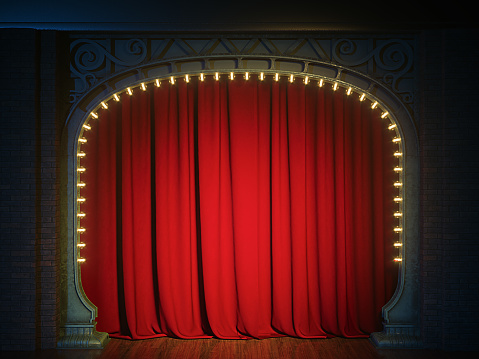 Dark empty cabaret or comedy club stage with red curtain and art Nouveau arch. 3d render
