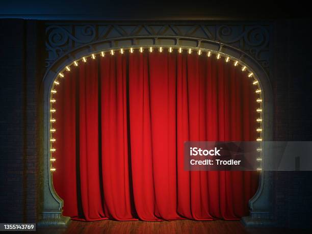 Dark Empty Cabaret Or Comedy Club Stage With Red Curtain And Art Nuovo Arch 3d Render Stock Photo - Download Image Now