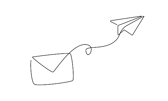 One continuous line drawing of flying Paper plane and mail. Sending Email message and newsletter in simple linear style. Concept of business metaphor and creative idea. Vector illustration.