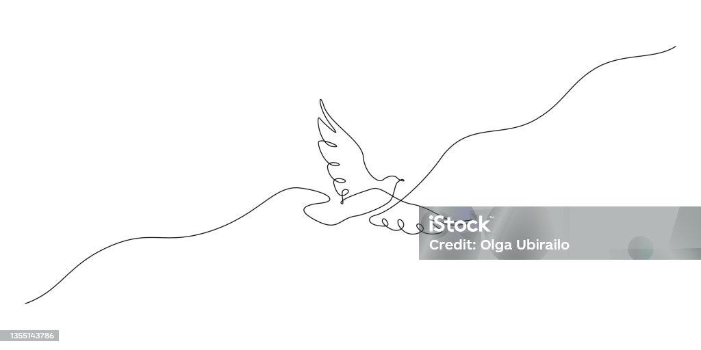 Jeden ciągły rysunek linii lecącego gołębia. Ptasi symbol pokoju i wolności w prostym liniowym stylu. Koncepcja maskotki dla ikony narodowego ruchu robotniczego izolowana na białym. Ilustracja wektorowa Doodle - Grafika wektorowa royalty-free (Lineart)