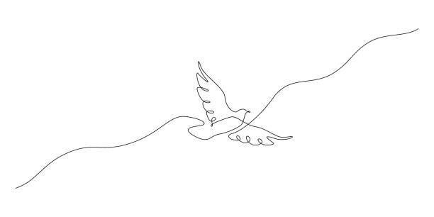 One continuous line drawing of flying up dove. Bird symbol of peace and freedom in simple linear style. Mascot concept for national labor movement icon isolated on white. Doodle vector illustration One continuous line drawing of flying up dove. Bird symbol of peace and freedom in simple linear style. Mascot concept for national labor movement icon isolated on white. Doodle vector illustration. one animal stock illustrations