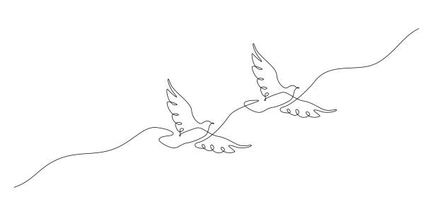 One continuous line drawing of flying couple doves. Two Birds symbol of peace love and freedom in simple linear style. Concept for national labor movement icon editable stroke. Vector illustration One continuous line drawing of flying couple doves. Two Birds symbol of peace love and freedom in simple linear style. Concept for national labor movement icon editable stroke. Vector illustration. continuous line drawing bird stock illustrations