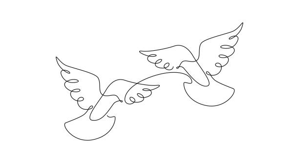 One continuous line drawing of flying couple dove birds. Two pigeons symbol of peace love and freedom in linear style. Concept for national labor movement icon editable stroke. Vector illustration One continuous line drawing of flying couple dove birds. Two pigeons symbol of peace love and freedom in linear style. Concept for national labor movement icon editable stroke. Vector illustration. continuous line drawing bird stock illustrations