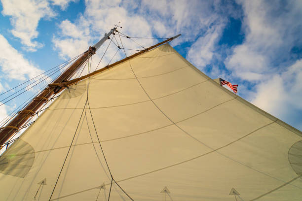 sail on a  gaff-rigged  sloop the sail on a historic  gaff-rigged "Friendship" sloop gaff sails stock pictures, royalty-free photos & images
