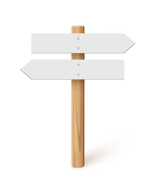 Vector illustration of Signpost with blank direction signs on road. Wooden stick with white arrow boards vector illustration. Retro street post isolated on white background. Simple empty crossroad banners