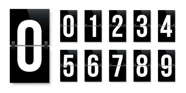 flip-board-stil zahlen vektorillustration. flughafenterminal, ankunftstafel mit nummernvorlage. realistische flip-anzeigetafel, analoger stundenplan oder countdown-symbole. flugzielanzeige - clock number 7 clock face watch stock-grafiken, -clipart, -cartoons und -symbole