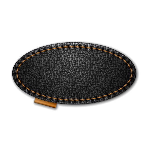 ilustrações de stock, clip art, desenhos animados e ícones de blank oval stitched black leather label isolated on white background vector template. - leather patch label stitch