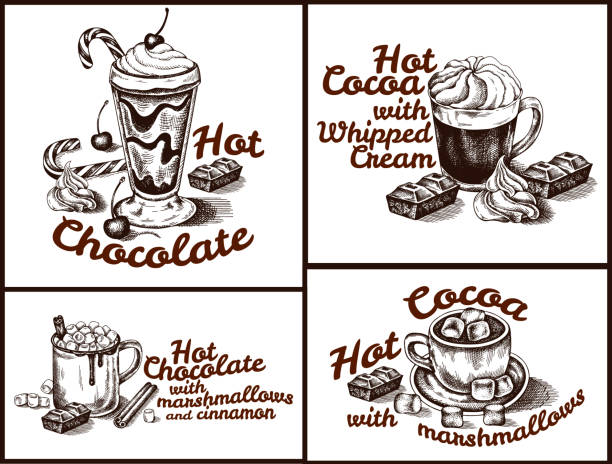 Vintage drawing brown hot chocolate logo isolated on white background. Vintage drawing brown hot chocolate logo isolated on white background. Sketch hand drawn hot cocoa icons. Line art marshmallows, whipped cream, cinnamon stick, cherry, candy cane. Vector illustration. marshmallow chocolate stock illustrations