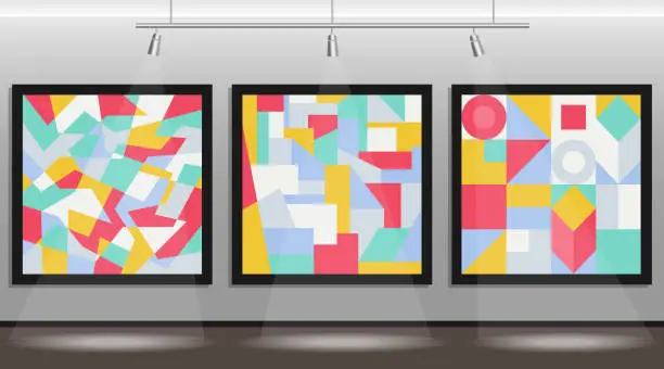 Vector illustration of Gallery with paintings in an abstract style in frames with illumination. A set of colored abstract paintings in frames. Vector illustration. Vector.