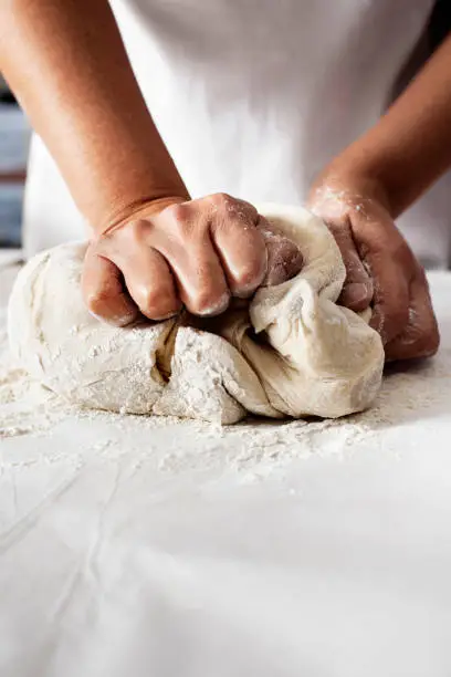 Photo of Making yeast dough, Hands knead dough, Kneading dough
