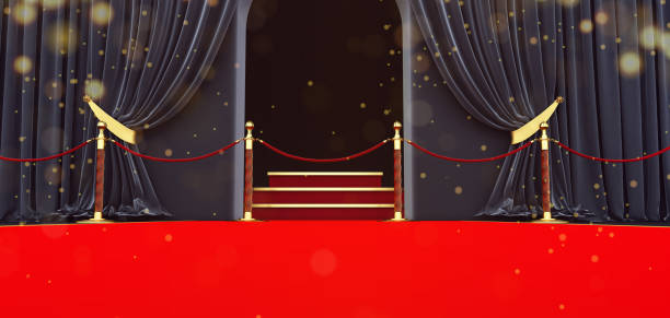 istock long red carpet between rope barriers with stair at the end with open door, 1355153530