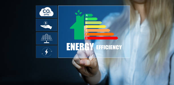 Efficiency energy rating concept. Ecological house with low consumption on renovation with insulation.Sustainable  development and eco house.