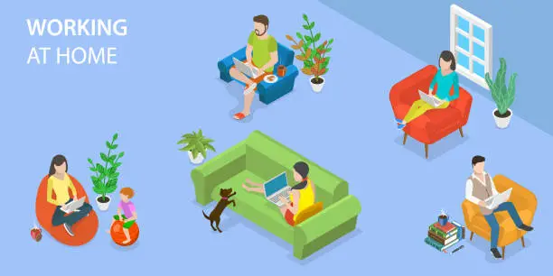 Vector illustration of 3D Isometric Flat Vector Conceptual Illustration of Working At Home