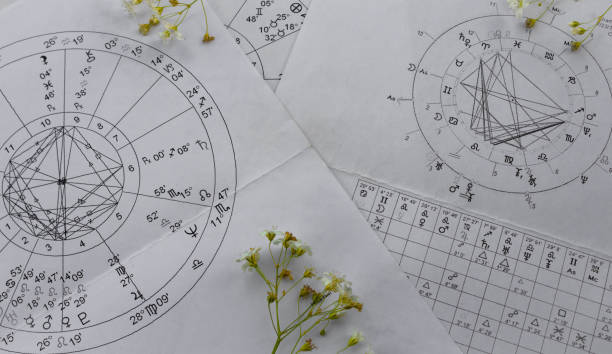 istock Printed astrology charts with small fragile white flowers 1355159841