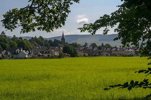 View of village from the riverside walk in Moffatt in Scotland.