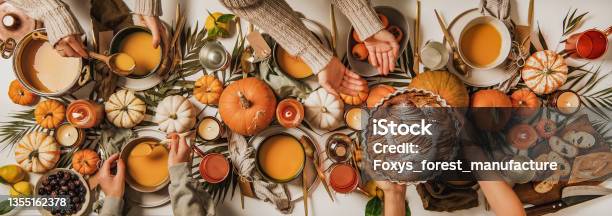 People Eating Over Fall Festive Table Set Top View Stock Photo - Download Image Now