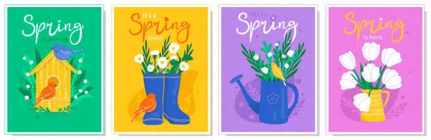 Vector illustration of Set of spring cards with flowers and birds.