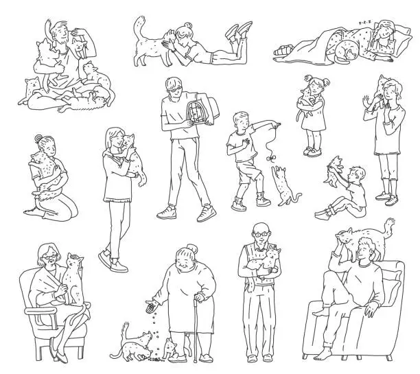 Vector illustration of People of different ages with not pedigreed cats. Characters hug and take care of their favorite pets. Outline doodle isolated black white vector illustrations.