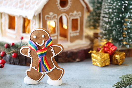 Stock photo showing close-up view of gingerbread person cookie wearing rainbow scarf in a snowy clearing, conifer forest scene. A homemade, gingerbread house decorated with white royal icing surrounded by model fir trees on white, icing sugar snow against a snowy blue background. LGBTQIA concept.