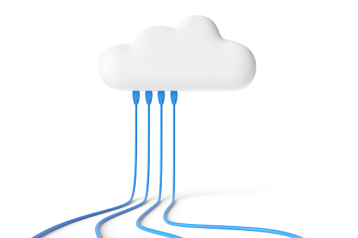 Cartoon cloud with connected network cables isolated in white background. Internet concept. 3d illustration.