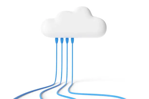 Photo of Cartoon cloud with connected network cables isolated in white background. Internet concept. 3d illustration.