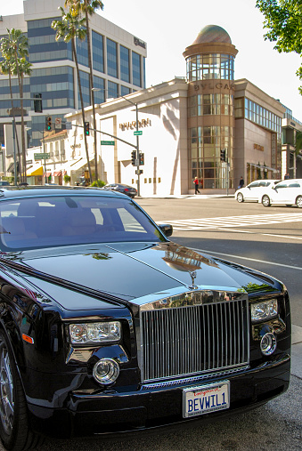 Los Angeles, California, USA - March 2009: Front view of the luxury Rolls Royce limousine used exclusively for guests of the Beverly Wilshire hotel in Beverly Hills.