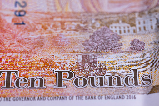 Ten pound notes macro.