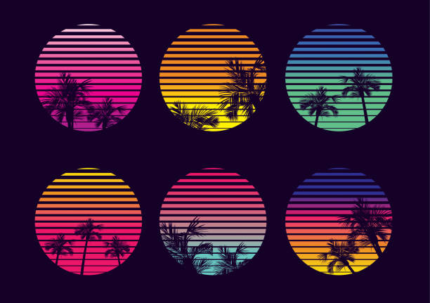 70년대 레트로 일몰 세트로 생동감 넘치는 그라데이션 색상의 야자수가 있는 다채로운 빈티지 일몰 컬렉션 - sunset stock illustrations