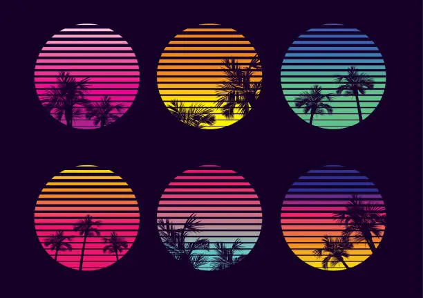Vector illustration of Colorful vintage sunset collection with palm trees in vibrant gradient colors 70s 80s Retro sunset set
