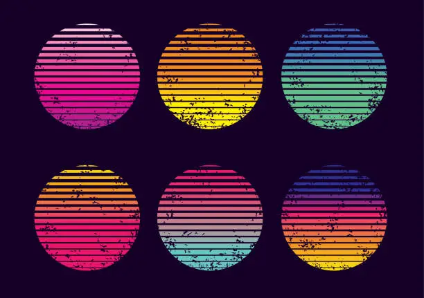 Vector illustration of Colorful distressed vintage sunset collection in vibrant gradient colors 70s 80s Retro sunset set