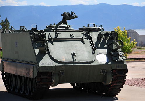 Penrose, Colorado, USA: front view of US Army M-113 armoured personnel carrier (APC) - Col Leo Sidney Boston War Memorial - free, open and public park outside Fremont County Airport / Cañon City Airport.