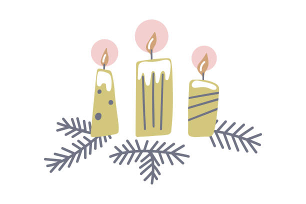 нарисованная от руки рождественская, новогодняя поздравительная открытка со свечами и ветвями елки, изолированными на белом фоне. - candle advent christmas church stock illustrations