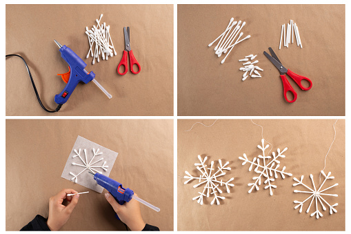 concept of DIY and kid's creativity, step by step instruction, how to make cotton swab snowflake craft, Christmas activity for preschooler,